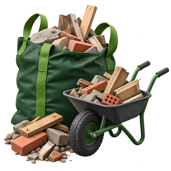 Rubble bag, bricks, timber and wheelbarrow representing construction waste removal