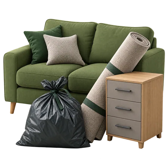 Sofa, carpet, drawers and a bag representing residential clearance